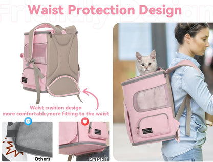 Pet Carrier Backpack with Upgraded Waist Protection, Cat Carrier Backpack Designed for Small Dogs/Cats, Fully Ventilated Collapsible Dog Backpack for Outdoor Traveling Hiking Camping, Pink