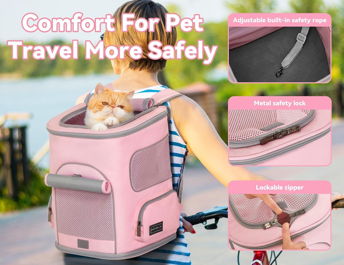 Pet Carrier Backpack with Upgraded Waist Protection, Cat Carrier Backpack Designed for Small Dogs/Cats, Fully Ventilated Collapsible Dog Backpack for Outdoor Traveling Hiking Camping, Pink