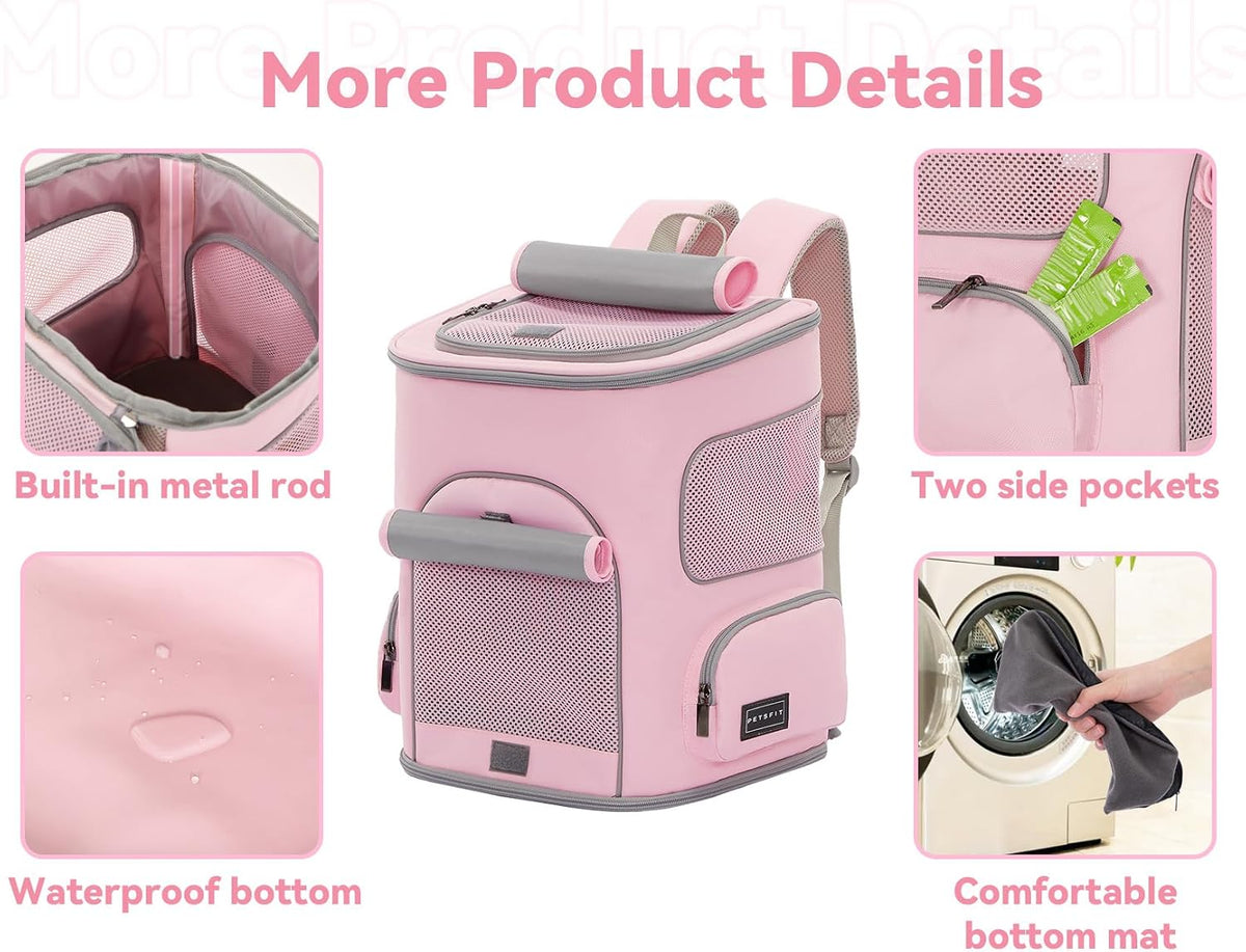 Pet Carrier Backpack with Upgraded Waist Protection, Cat Carrier Backpack Designed for Small Dogs/Cats, Fully Ventilated Collapsible Dog Backpack for Outdoor Traveling Hiking Camping, Pink