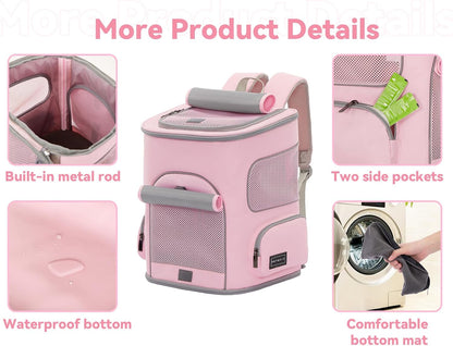 Pet Carrier Backpack with Upgraded Waist Protection, Cat Carrier Backpack Designed for Small Dogs/Cats, Fully Ventilated Collapsible Dog Backpack for Outdoor Traveling Hiking Camping, Pink