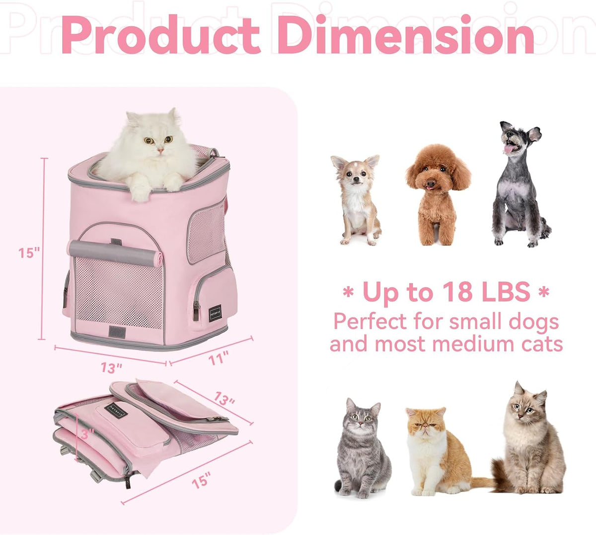 Pet Carrier Backpack with Upgraded Waist Protection, Cat Carrier Backpack Designed for Small Dogs/Cats, Fully Ventilated Collapsible Dog Backpack for Outdoor Traveling Hiking Camping, Pink
