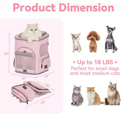 Pet Carrier Backpack with Upgraded Waist Protection, Cat Carrier Backpack Designed for Small Dogs/Cats, Fully Ventilated Collapsible Dog Backpack for Outdoor Traveling Hiking Camping, Pink