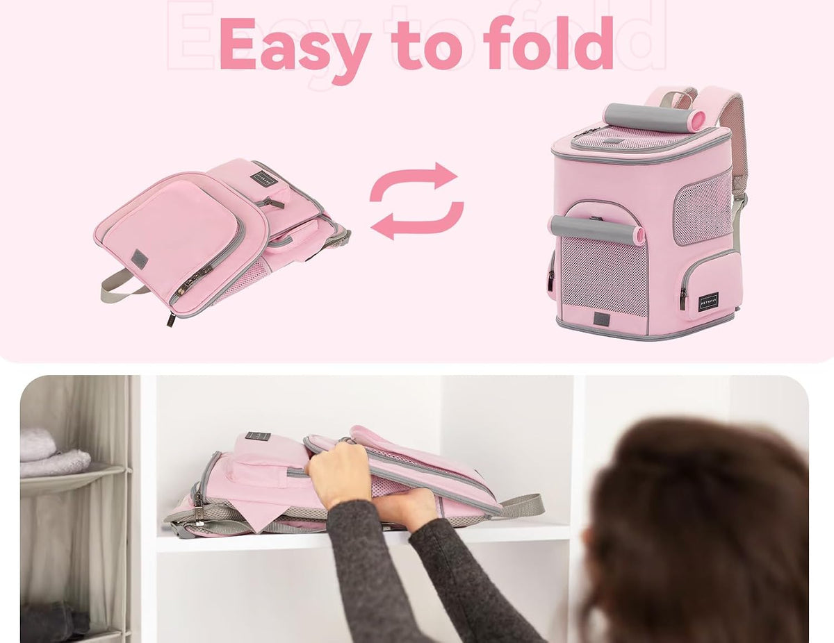 Pet Carrier Backpack with Upgraded Waist Protection, Cat Carrier Backpack Designed for Small Dogs/Cats, Fully Ventilated Collapsible Dog Backpack for Outdoor Traveling Hiking Camping, Pink