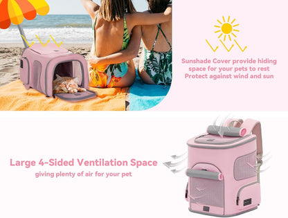 Pet Carrier Backpack with Upgraded Waist Protection, Cat Carrier Backpack Designed for Small Dogs/Cats, Fully Ventilated Collapsible Dog Backpack for Outdoor Traveling Hiking Camping, Pink