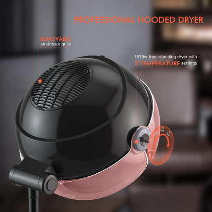 Ionic Hooded Hair Dryer, 1875W Hooded Hair Dryer for Home, Pink