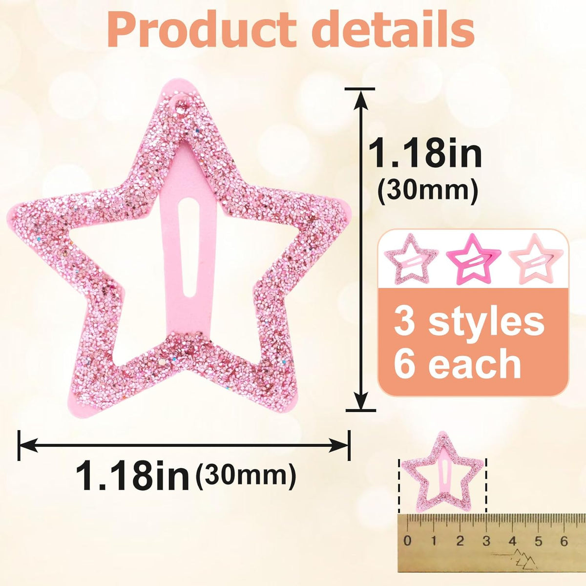 18pcs Star Hair Clips for Women, Cute Star Snap Barrettes, 3 Colors