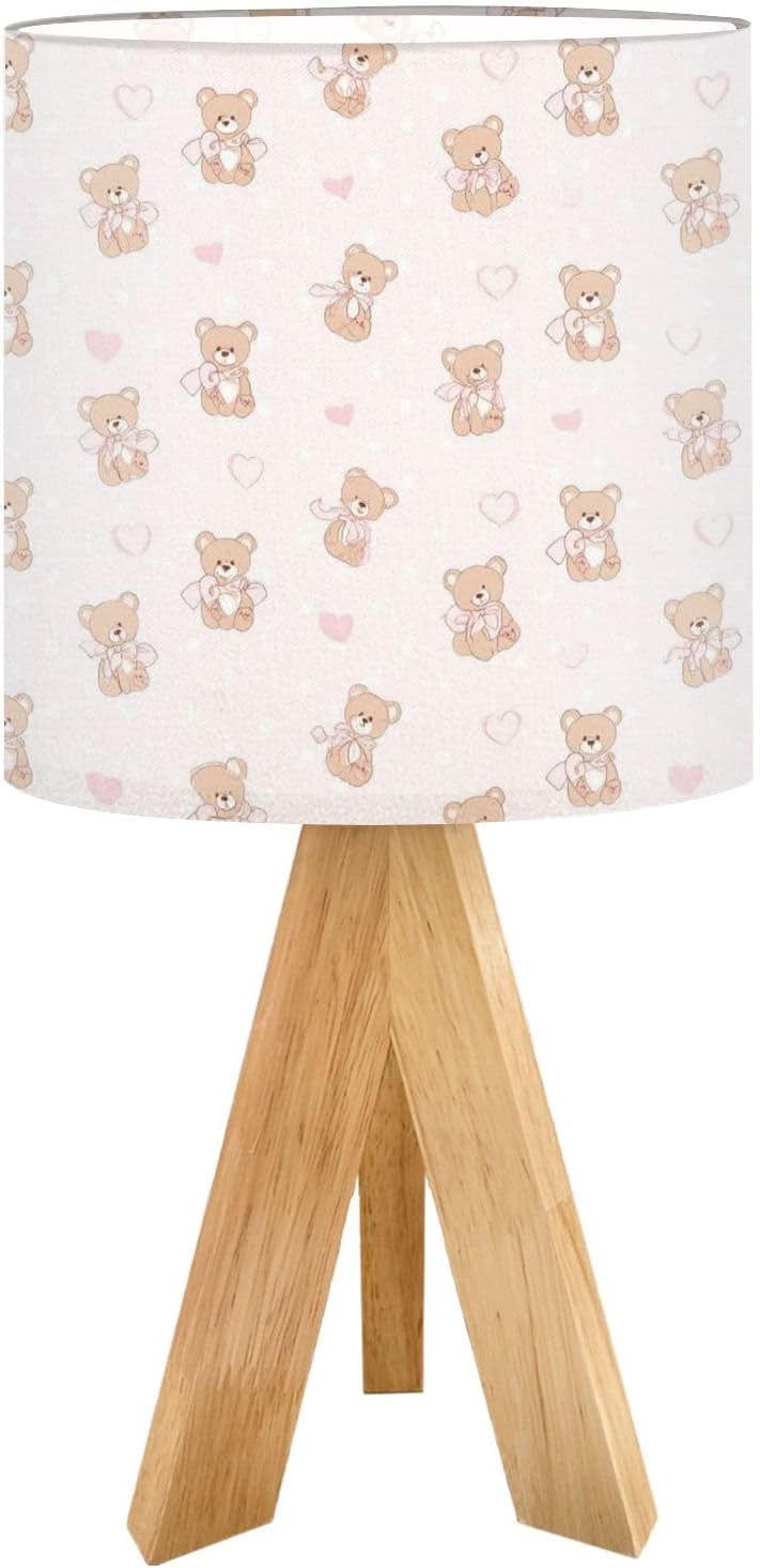Cute Kids Bedside Desk Table Lamp Coquette Teddy Bear Pink Ribbon Bow Seamless Light Pink Children Nightstand Lamp, Tripod Small Night Lights Linen for Nursery Room Bedroom Dorm Decor