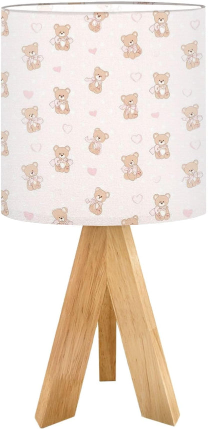 Cute Kids Bedside Desk Table Lamp Coquette Teddy Bear Pink Ribbon Bow Seamless Light Pink Children Nightstand Lamp, Tripod Small Night Lights Linen for Nursery Room Bedroom Dorm Decor