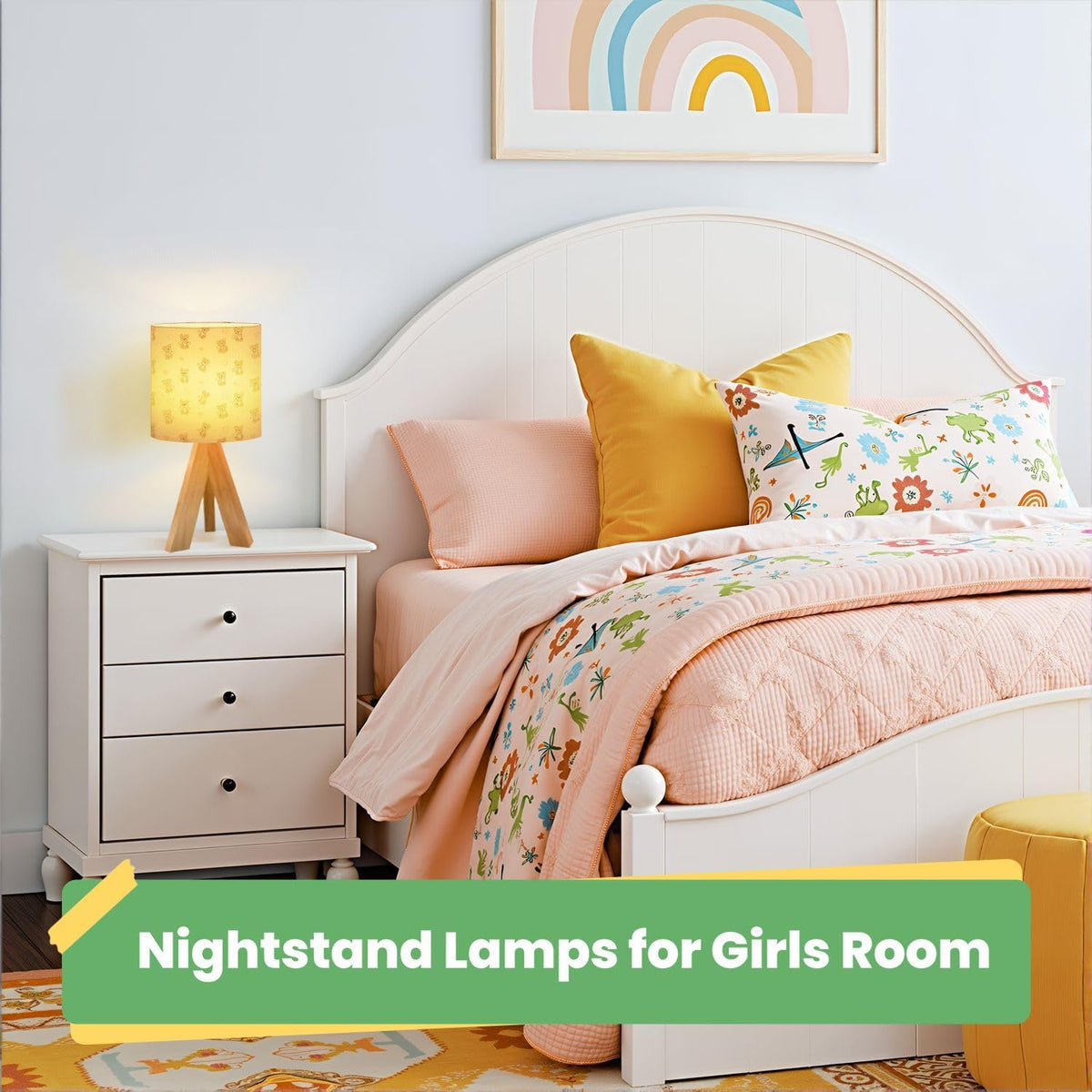 Cute Kids Bedside Desk Table Lamp Coquette Teddy Bear Pink Ribbon Bow Seamless Light Pink Children Nightstand Lamp, Tripod Small Night Lights Linen for Nursery Room Bedroom Dorm Decor