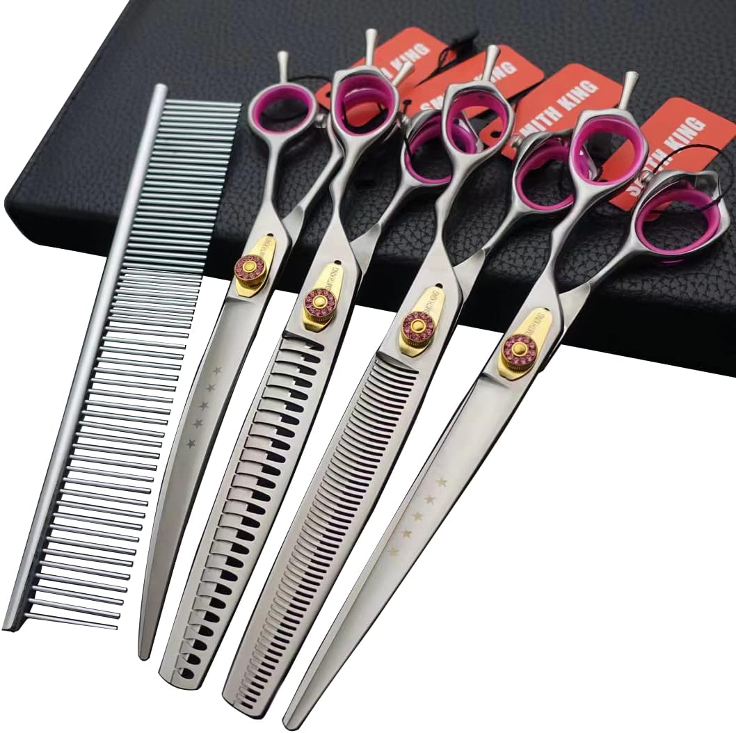Professional Dog Grooming Shears Set Dogs Straight & thinning & Curved scissors & chunkers Scissorswith comb in 1 Set for Right-handed & Left-handed (8.0 Silvery right-handed)