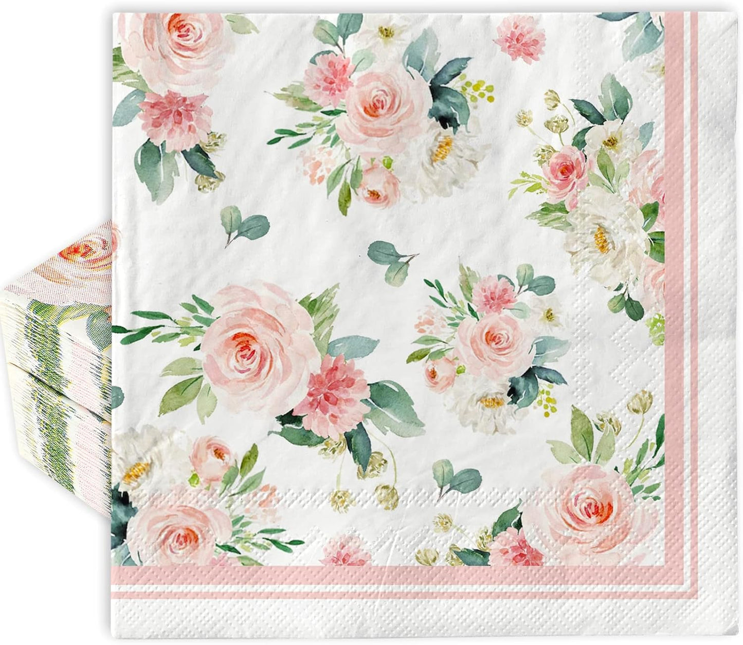 AnyDesign 80 Pack Floral Paper Napkins Disposable Wedding Luncheon Napkins Watercolor Pink Flower Blossom Dessert Dinner Hand Napkin for Tea Birthday Party Bridal Shower Table Supplies