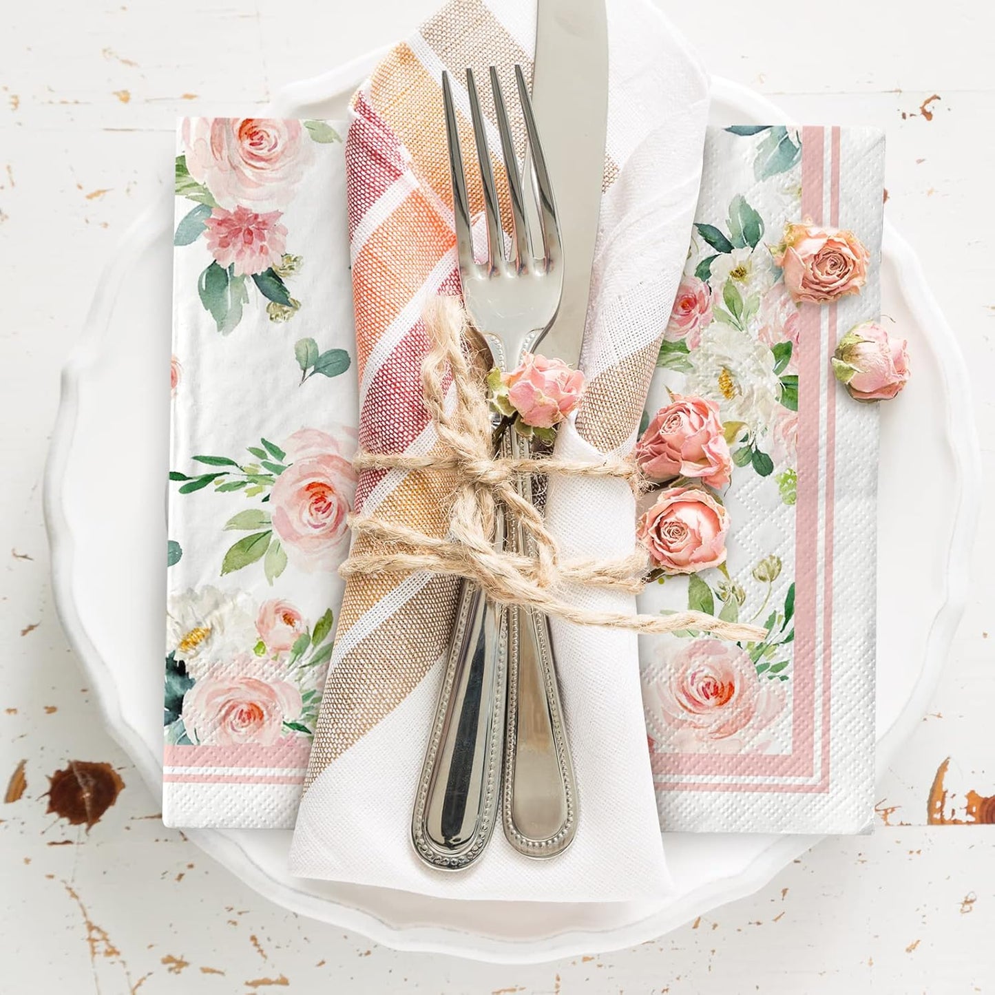 AnyDesign 80 Pack Floral Paper Napkins Disposable Wedding Luncheon Napkins Watercolor Pink Flower Blossom Dessert Dinner Hand Napkin for Tea Birthday Party Bridal Shower Table Supplies