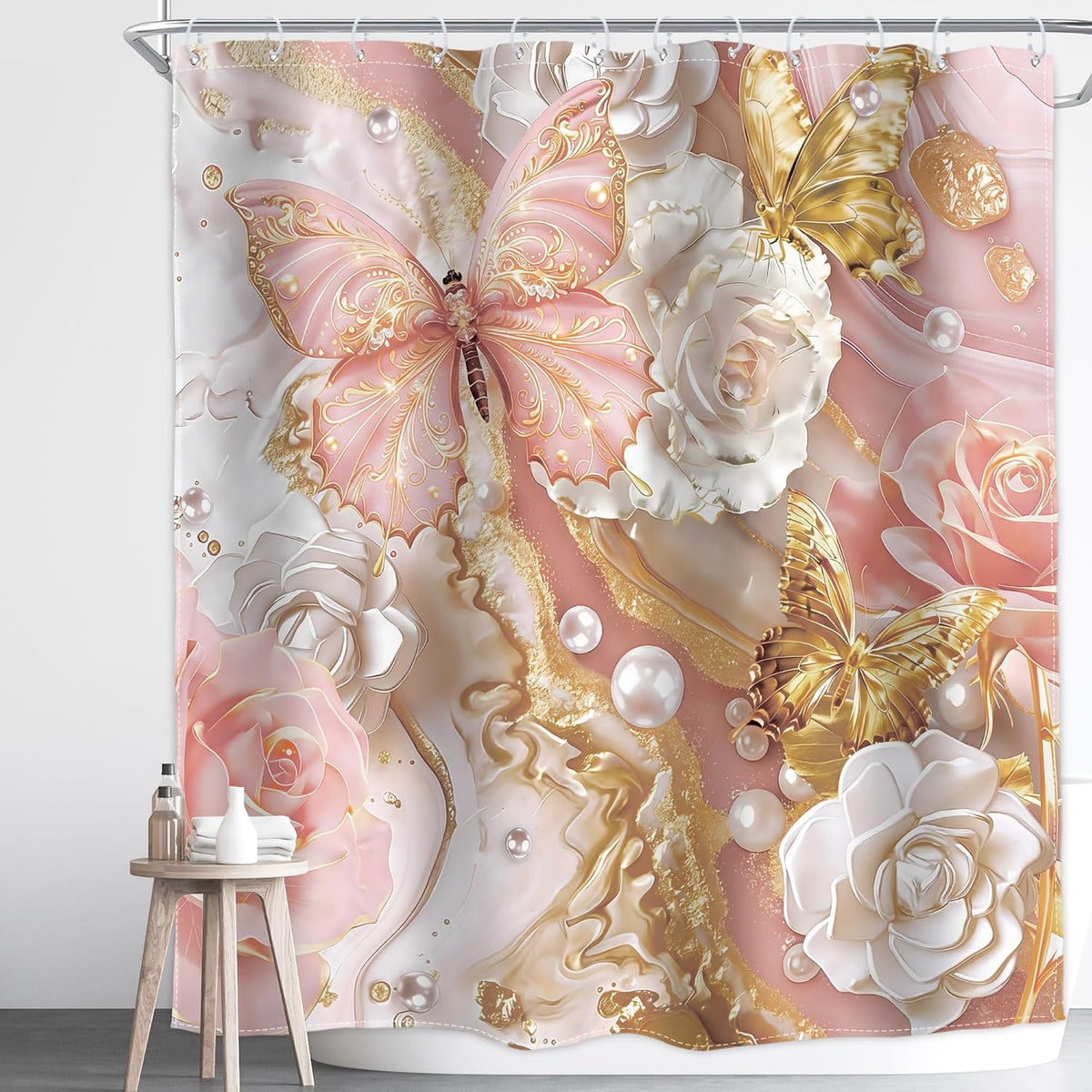 Pink Gold Marble Shower Curtain Abstract Fluid 72Wx72H Inch Decor