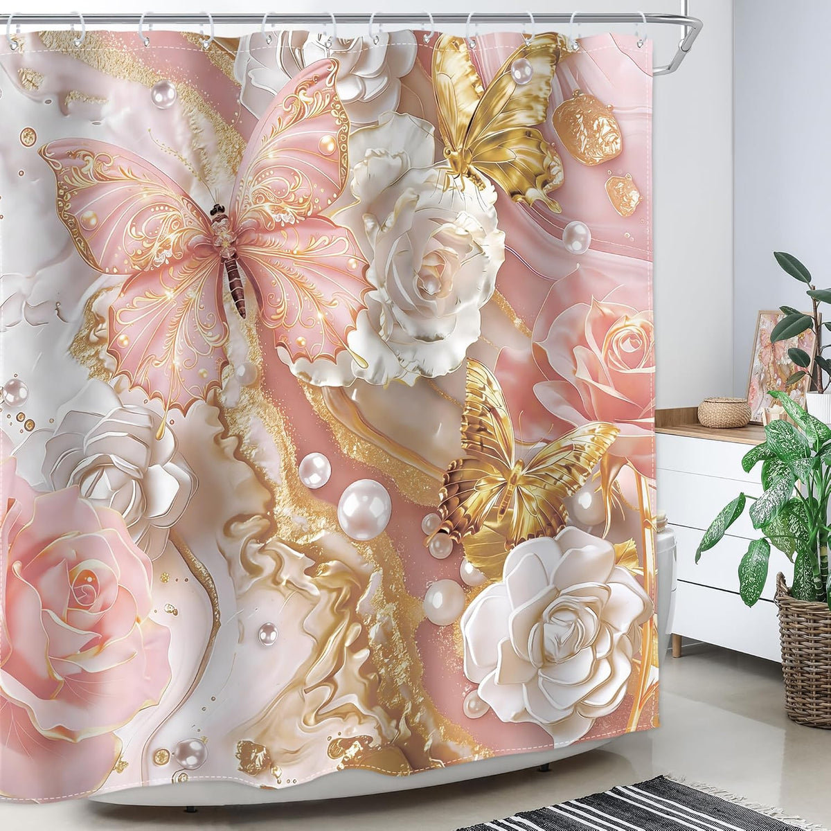 Pink Gold Marble Shower Curtain Abstract Fluid 72Wx72H Inch Decor