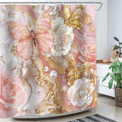 Pink Gold Marble Shower Curtain Abstract Fluid 72Wx72H Inch Decor