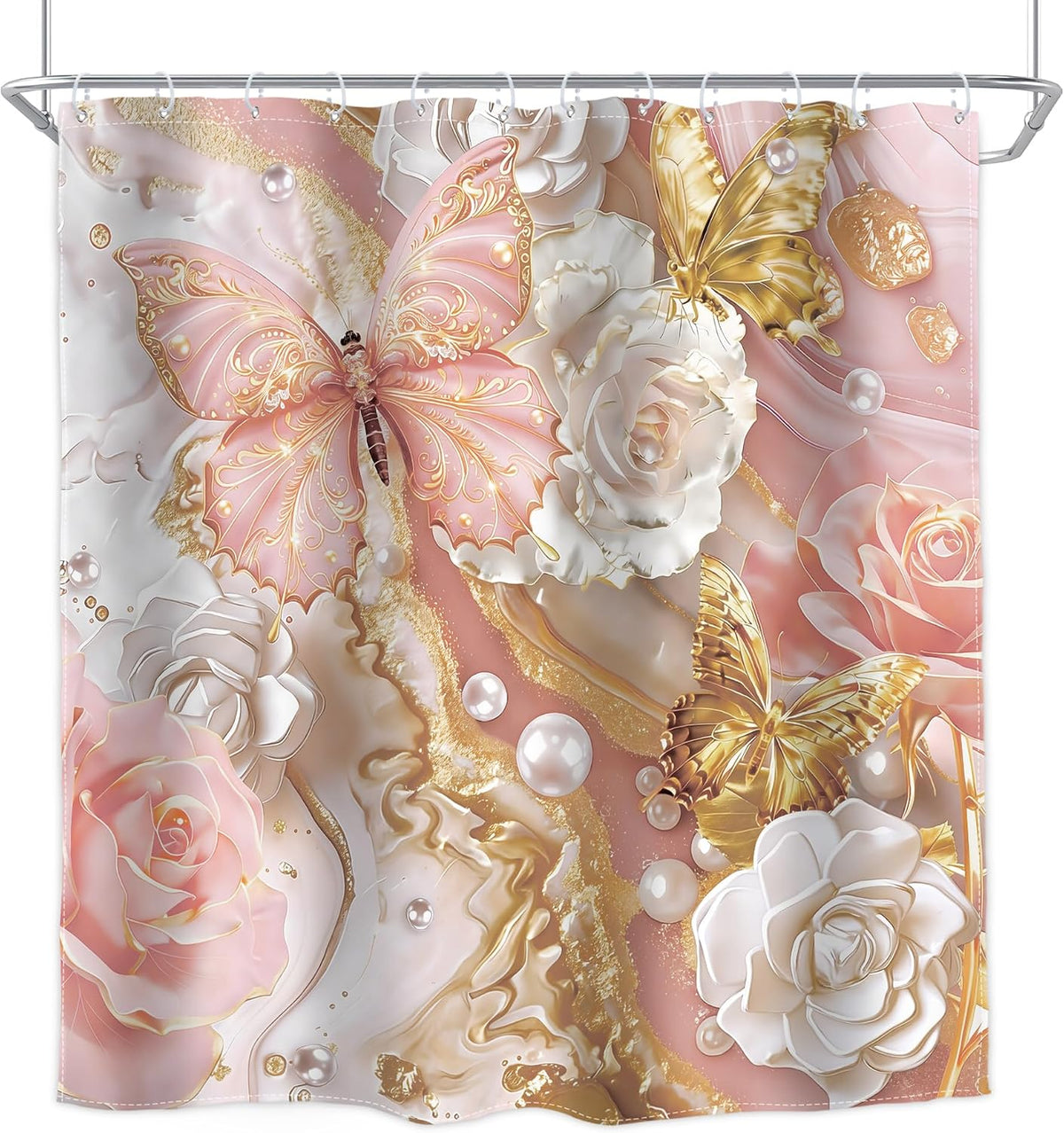 Pink Gold Marble Shower Curtain Abstract Fluid 72Wx72H Inch Decor