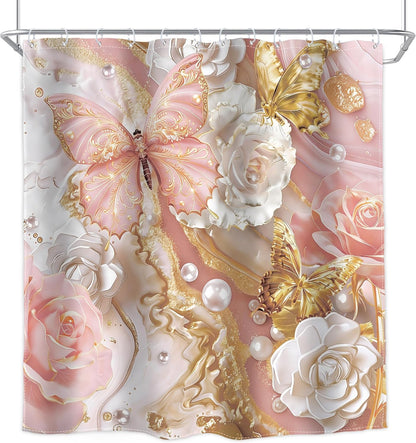 Pink Gold Marble Shower Curtain Abstract Fluid 72Wx72H Inch Decor