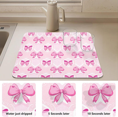 Light Pink Bows Dish Drying Mat, Super Absorbent Kitchen Counter Mat, Heat Resistant Drainer Mat with Non-slip Rubber Backed, 23.6"x19.7"