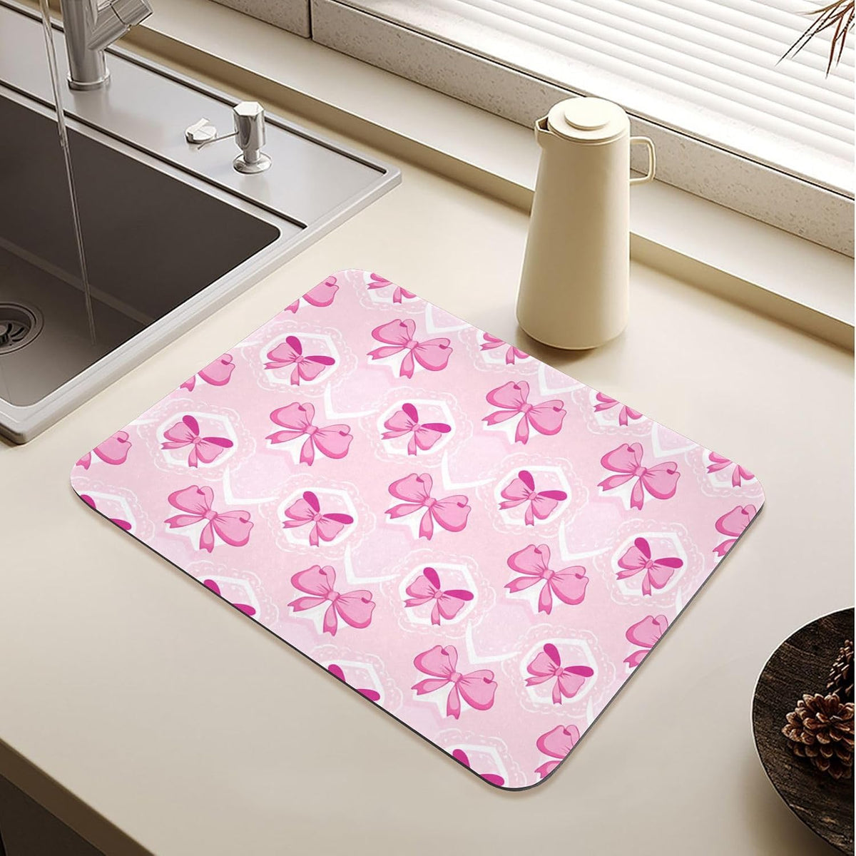 Light Pink Bows Dish Drying Mat, Super Absorbent Kitchen Counter Mat, Heat Resistant Drainer Mat with Non-slip Rubber Backed, 23.6"x19.7"