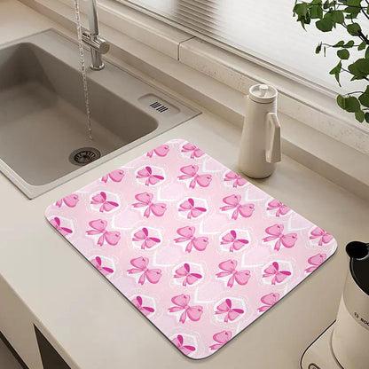 Light Pink Bows Dish Drying Mat, Super Absorbent Kitchen Counter Mat, Heat Resistant Drainer Mat with Non-slip Rubber Backed, 23.6"x19.7"