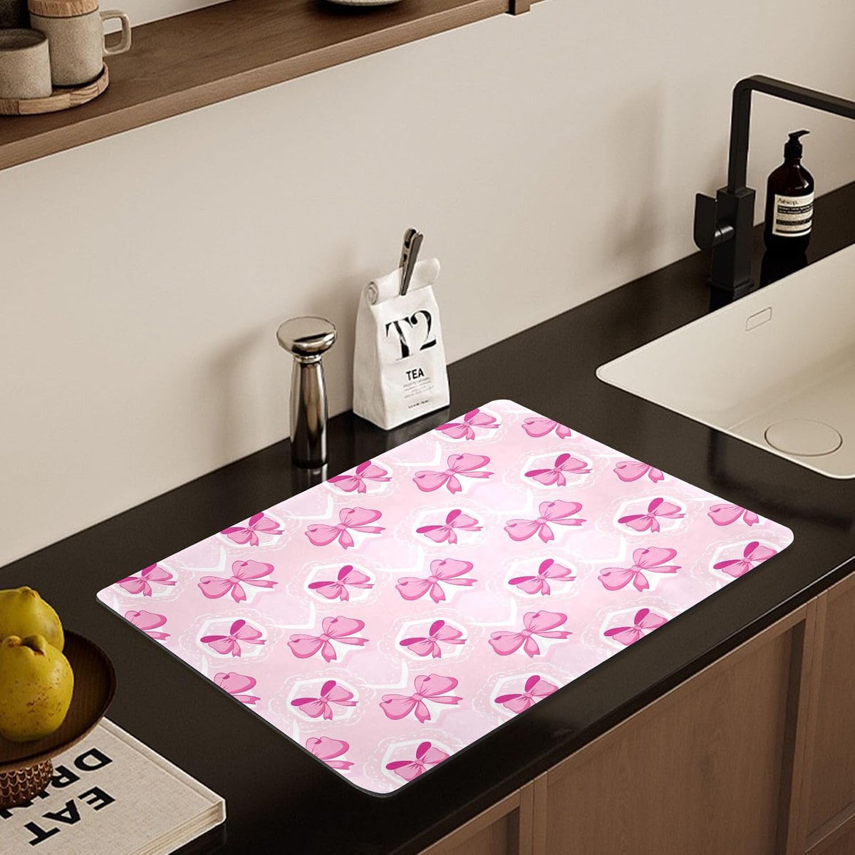 Light Pink Bows Dish Drying Mat, Super Absorbent Kitchen Counter Mat, Heat Resistant Drainer Mat with Non-slip Rubber Backed, 23.6"x19.7"
