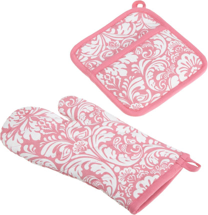 Quilted Kitchen Oven Mitt & Potholder Set, Hanging Loop for Convenient Storage, OM 6.5x12/PH 8x8.5, Pink Damask Print, 2 Piece