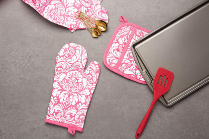 Quilted Kitchen Oven Mitt & Potholder Set, Hanging Loop for Convenient Storage, OM 6.5x12/PH 8x8.5, Pink Damask Print, 2 Piece