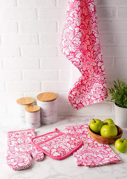 Quilted Kitchen Oven Mitt & Potholder Set, Hanging Loop for Convenient Storage, OM 6.5x12/PH 8x8.5, Pink Damask Print, 2 Piece