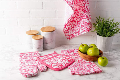 Quilted Kitchen Oven Mitt & Potholder Set, Hanging Loop for Convenient Storage, OM 6.5x12/PH 8x8.5, Pink Damask Print, 2 Piece