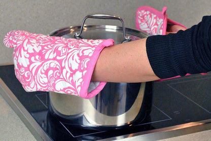Quilted Kitchen Oven Mitt & Potholder Set, Hanging Loop for Convenient Storage, OM 6.5x12/PH 8x8.5, Pink Damask Print, 2 Piece