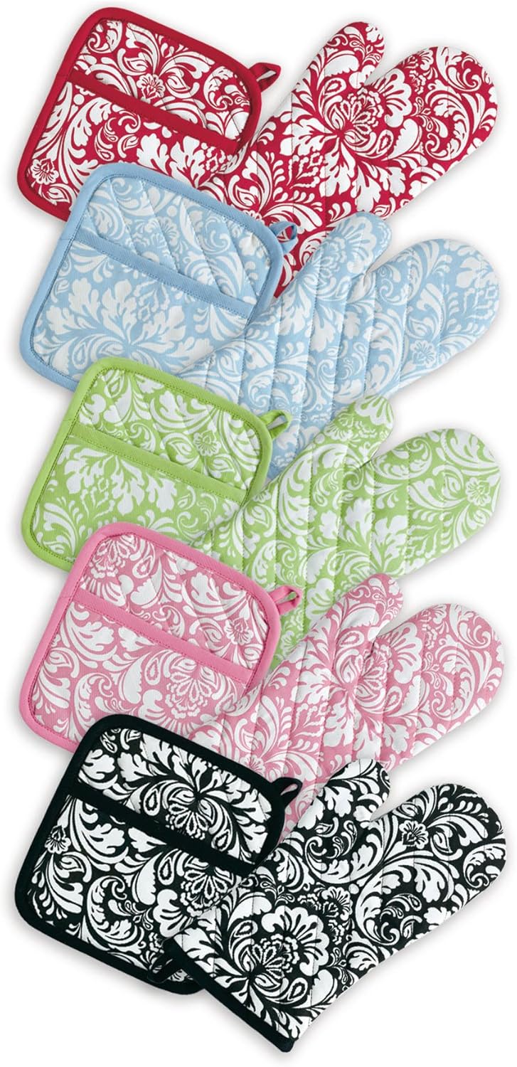 Quilted Kitchen Oven Mitt & Potholder Set, Hanging Loop for Convenient Storage, OM 6.5x12/PH 8x8.5, Pink Damask Print, 2 Piece