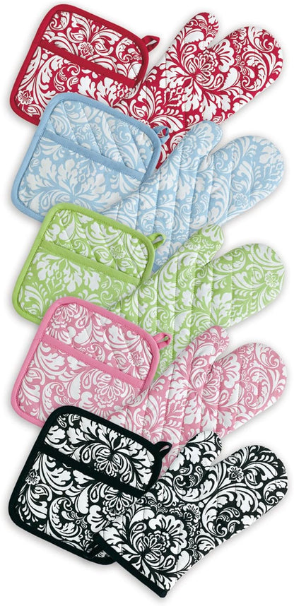 Quilted Kitchen Oven Mitt & Potholder Set, Hanging Loop for Convenient Storage, OM 6.5x12/PH 8x8.5, Pink Damask Print, 2 Piece