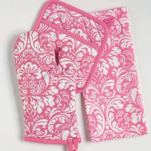 Quilted Kitchen Oven Mitt & Potholder Set, Hanging Loop for Convenient Storage, OM 6.5x12/PH 8x8.5, Pink Damask Print, 2 Piece