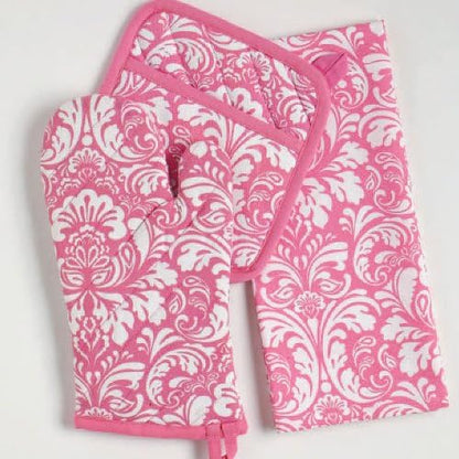 Quilted Kitchen Oven Mitt & Potholder Set, Hanging Loop for Convenient Storage, OM 6.5x12/PH 8x8.5, Pink Damask Print, 2 Piece