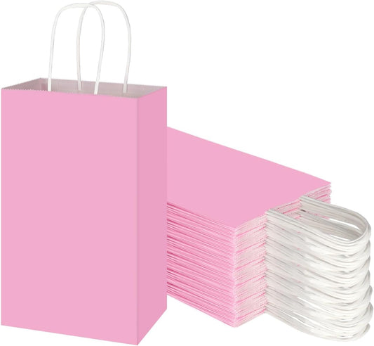 50 Pack 5.25x3.25x8.25 Inch Small Light Pink Kraft Paper Bags with Handles Bulk, Gift Wrap Bags for Favors Grocery Retail Party Birthday Shopping Business Goody Craft Merchandise Take Out Sacks