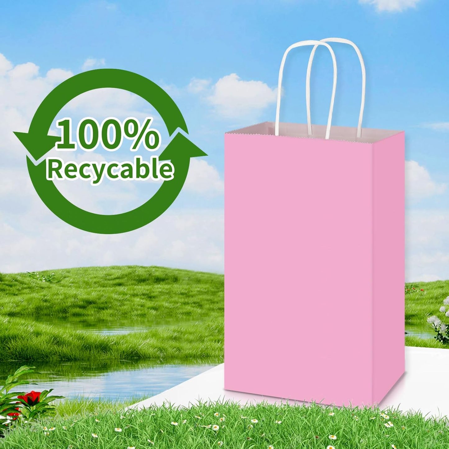 50 Pack 5.25x3.25x8.25 Inch Small Light Pink Kraft Paper Bags with Handles Bulk, Gift Wrap Bags for Favors Grocery Retail Party Birthday Shopping Business Goody Craft Merchandise Take Out Sacks