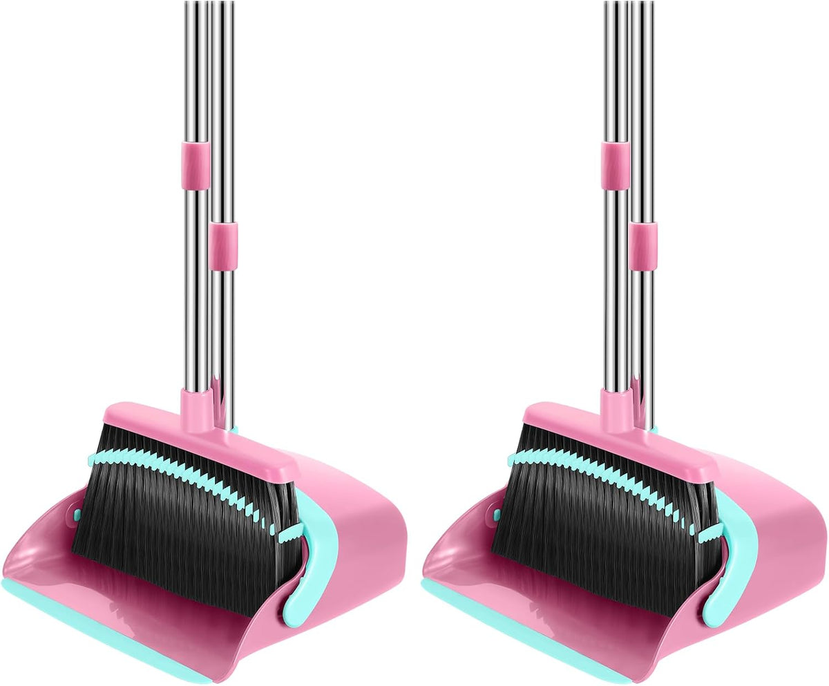 Broom and Dustpan Set, 52-in Long Adjustable Handle Broom Dustpan Combo with Dust pan Teeth to Automatically Clean Hair Suitable for Home Kitchen Office Hall Floor (Pink&Blue), 2 Pack