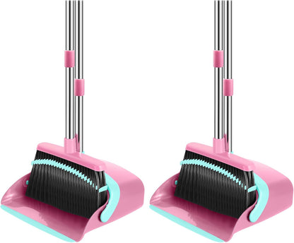 Broom and Dustpan Set, 52-in Long Adjustable Handle Broom Dustpan Combo with Dust pan Teeth to Automatically Clean Hair Suitable for Home Kitchen Office Hall Floor (Pink&Blue), 2 Pack