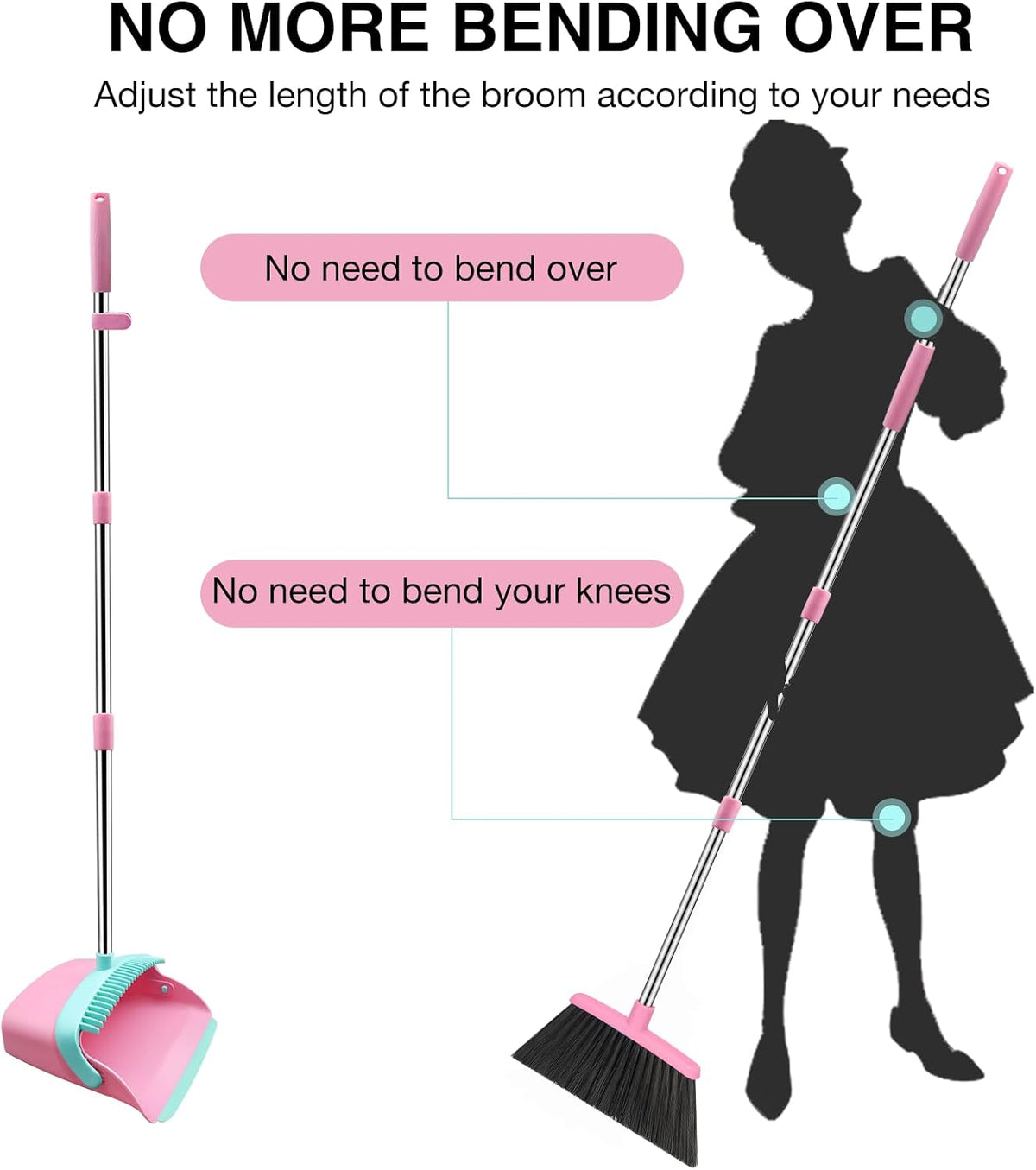 Broom and Dustpan Set, 52-in Long Adjustable Handle Broom Dustpan Combo with Dust pan Teeth to Automatically Clean Hair Suitable for Home Kitchen Office Hall Floor (Pink&Blue), 2 Pack