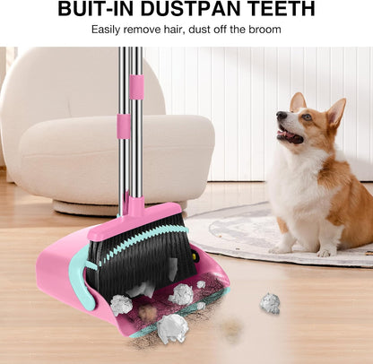 Broom and Dustpan Set, 52-in Long Adjustable Handle Broom Dustpan Combo with Dust pan Teeth to Automatically Clean Hair Suitable for Home Kitchen Office Hall Floor (Pink&Blue), 2 Pack