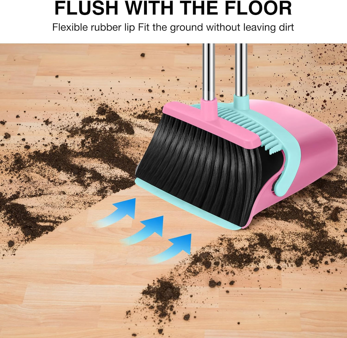 Broom and Dustpan Set, 52-in Long Adjustable Handle Broom Dustpan Combo with Dust pan Teeth to Automatically Clean Hair Suitable for Home Kitchen Office Hall Floor (Pink&Blue), 2 Pack