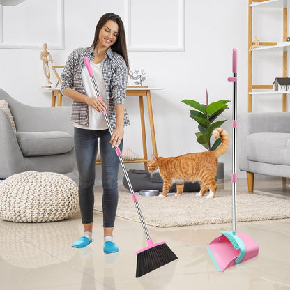 Broom and Dustpan Set, 52-in Long Adjustable Handle Broom Dustpan Combo with Dust pan Teeth to Automatically Clean Hair Suitable for Home Kitchen Office Hall Floor (Pink&Blue), 2 Pack