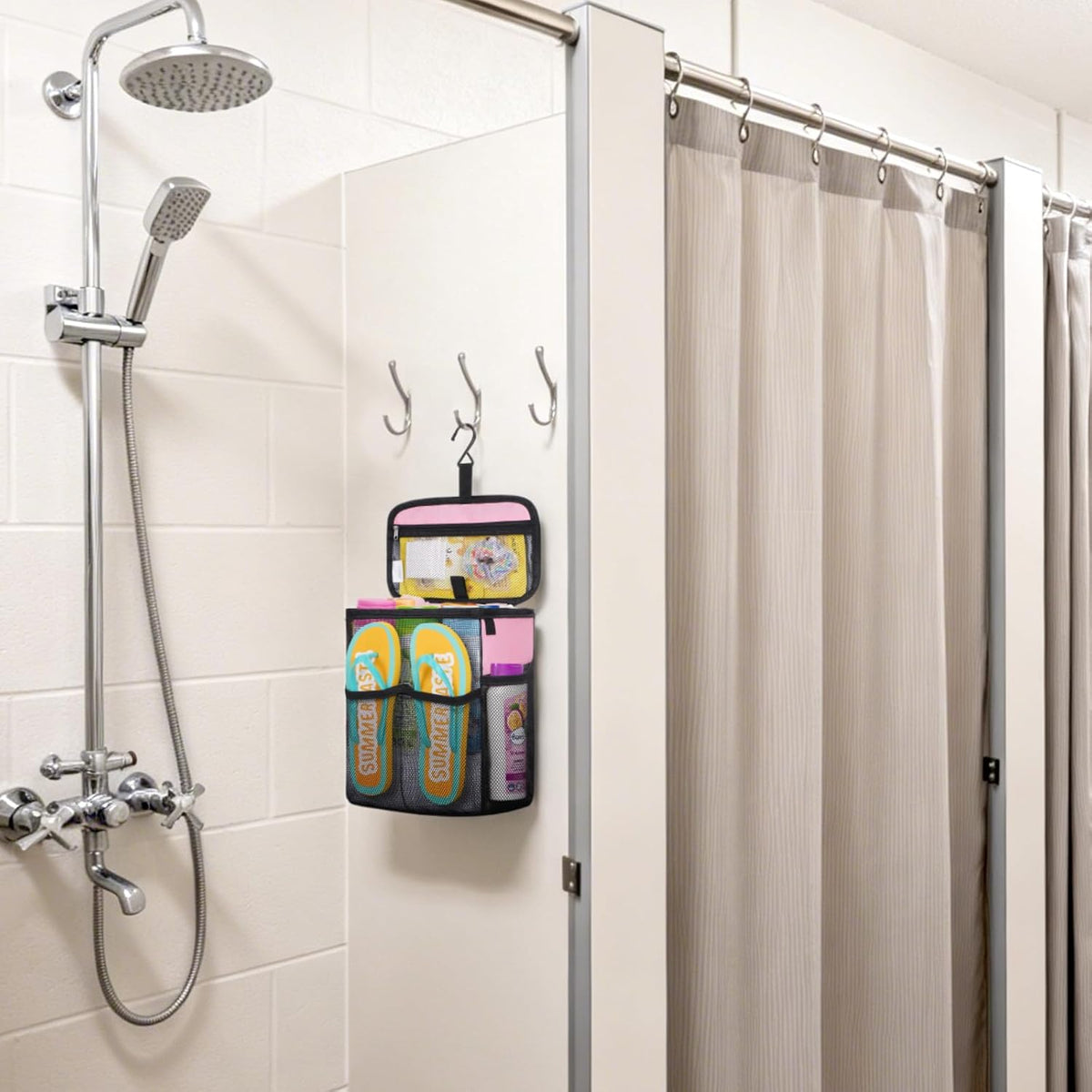 Mesh Shower Caddy, Hanging Bathroom Organizer with Slipper pockets