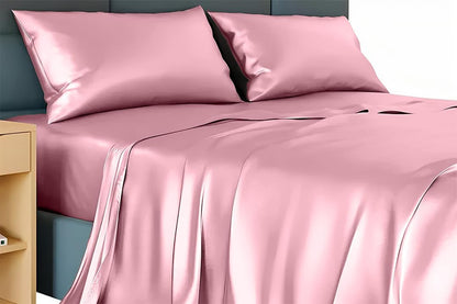 Queen Silk Sheet Set – 6 Piece True Silk Sheets Set - Hotel Luxury Bed Sheets - Extra Soft - 23'' Deep Pocket - Breathable & Cooling - Wrinkle Free - Comfy-Rose Pink Bed Sheets