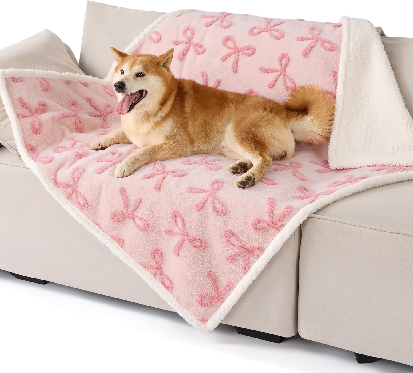Waterproof Puppy Blanket for Large Dogs - Washable Double Sided Dog Blankets with Warm Jacquard Shag and Soft Sherpa Fleece, Pet Cat Blanket for Couch Protection, Bow Design，Pink Taffy