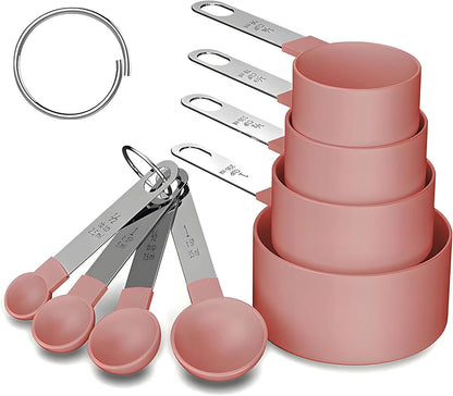 Measuring Spoons Set for Coffee, Tea, Flour, Spices, Coffee Scoop Teaspoon for Stainless Steel Handle, BPA-Free Plastic Kitchen Tool with Engraved Markings- 8 Pcs (Pink)