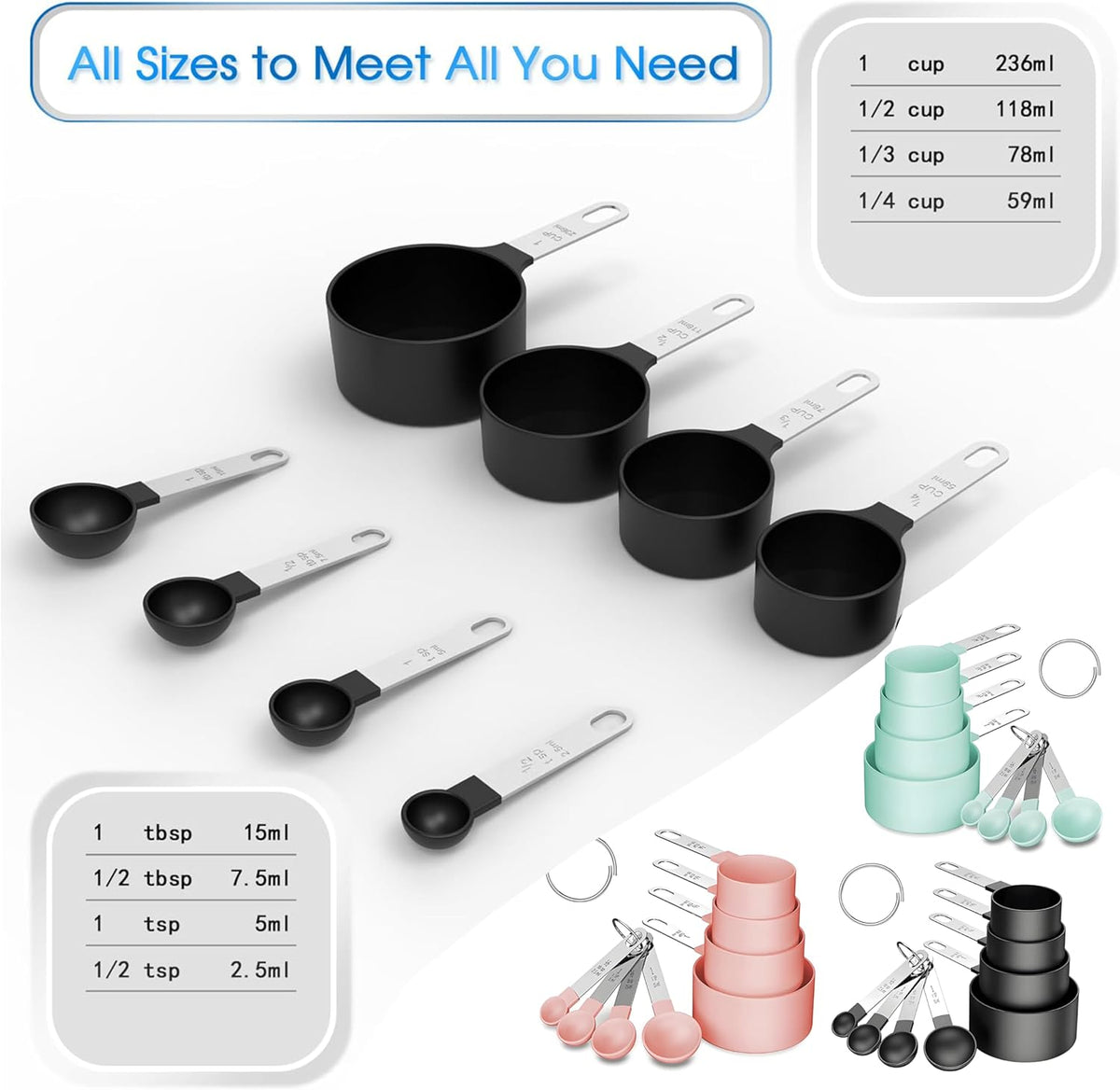 Measuring Spoons Set for Coffee, Tea, Flour, Spices, Coffee Scoop Teaspoon for Stainless Steel Handle, BPA-Free Plastic Kitchen Tool with Engraved Markings- 8 Pcs (Pink)