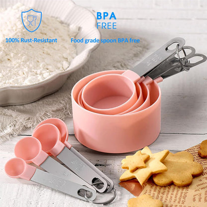 Measuring Spoons Set for Coffee, Tea, Flour, Spices, Coffee Scoop Teaspoon for Stainless Steel Handle, BPA-Free Plastic Kitchen Tool with Engraved Markings- 8 Pcs (Pink)