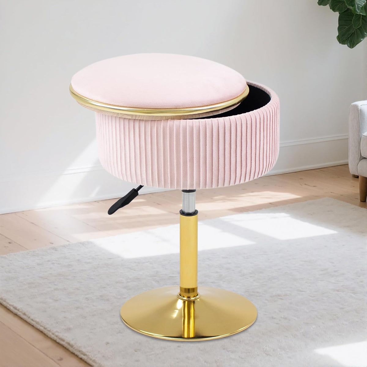 Adjustable Vanity Stool, Velvet Makeup Stool with Storage Pink