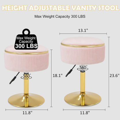Adjustable Vanity Stool, Velvet Makeup Stool with Storage Pink